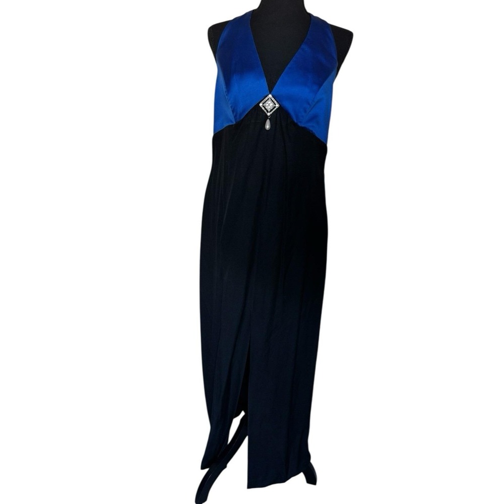 Halter Maxi Dress Blue Black Beaded Pearl Accent Formal Vintage Prom Y2K 32" wst - Picture 4 of 10